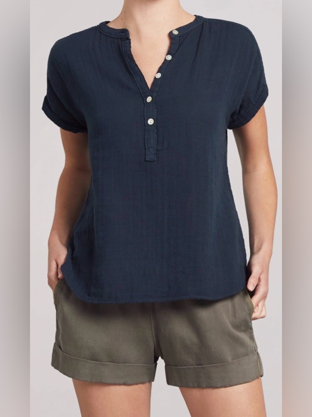 FAHERTY Dream Cotton Gauze Desmond Top navy blue women small relaxed coastal